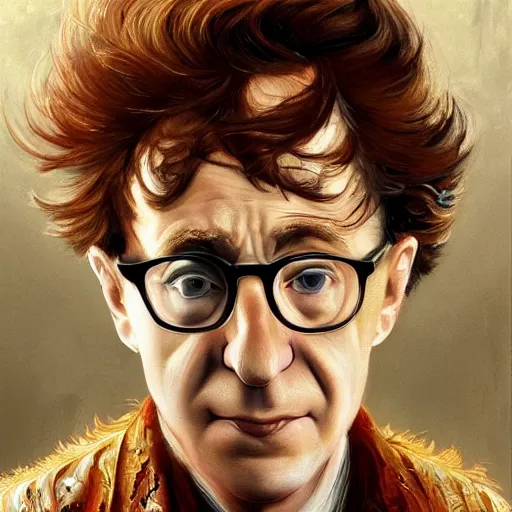 Image similar to portrait of woody allen, headshot, insanely nice hair style, dramatic hair color, digital painting, of a old 17th century, old cyborg merchant, amber jewels, baroque, ornate clothing, scifi, realistic, hyperdetailed, chiaroscuro, concept art, art by Franz Hals and Jon Foster and Ayami Kojima and Amano and Karol Bak,