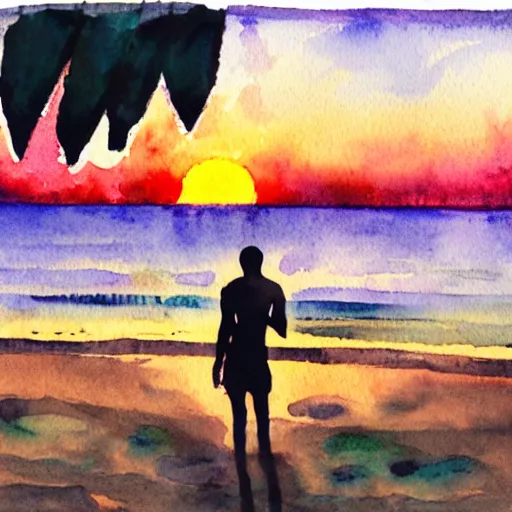 Prompt: water color painting of androgenous person on a beach against the sunset