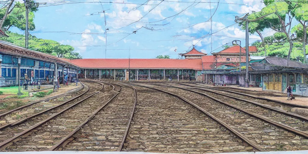 Image similar to sri lankan train station, drawn by hayao miyazaki