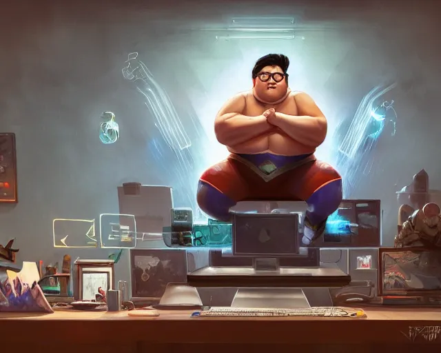 Image similar to an insanely detailed painting of a slightly chubby, nerdy asian man wearing a superhero costume, sitting at a desk, staring at the nervously at the computer and typing, in the style of peter mohrbacher, dramatic lighting and composition, octane render, pixar, trending on artstation, concept art, comic book, view from behind