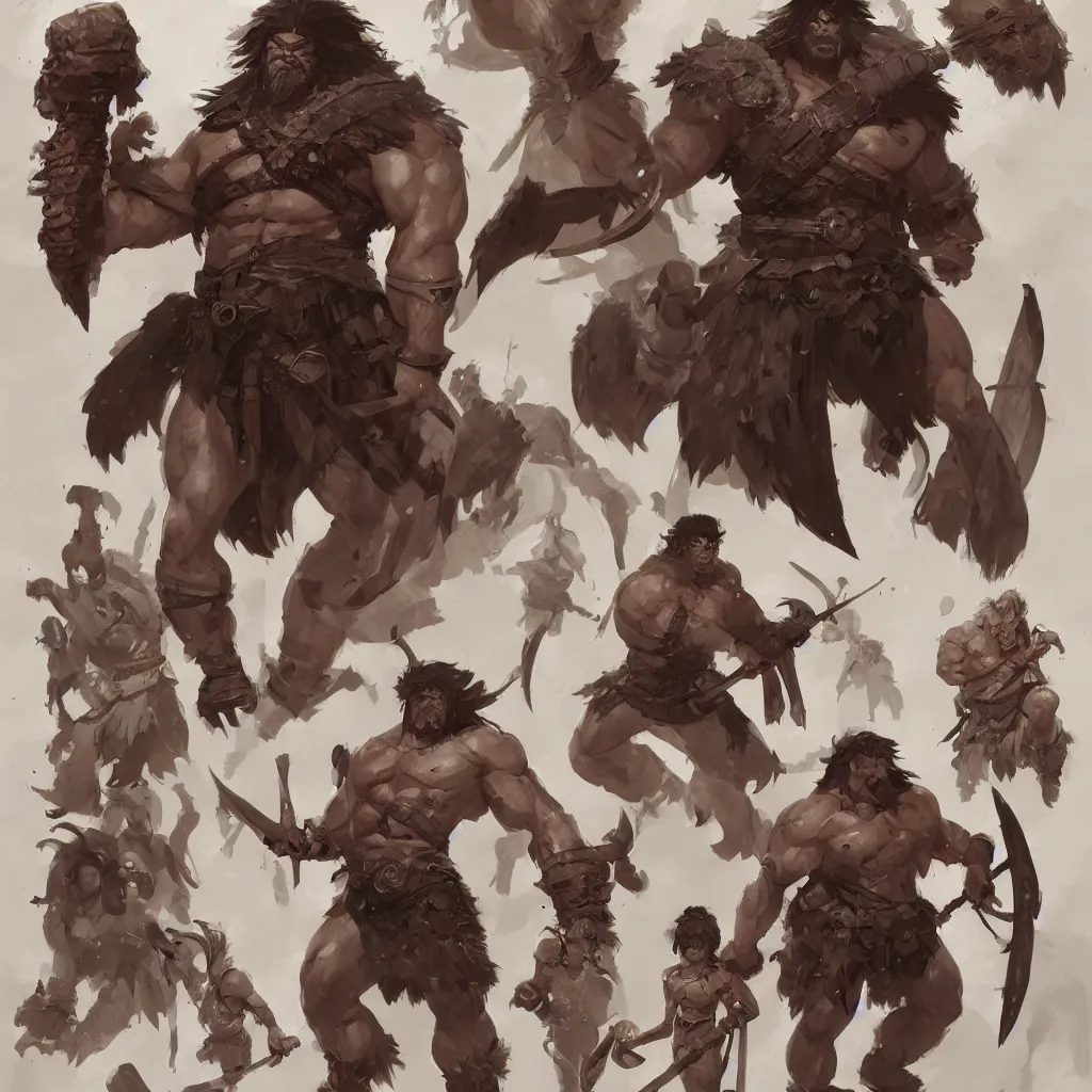 Image similar to character sheet of barbarian warrior, muscular, handsome, chiseled, by greg rutkowski and studio ghibli, digital art, trending on artstation, highly detailed, concept art, beautiful, masterpiece