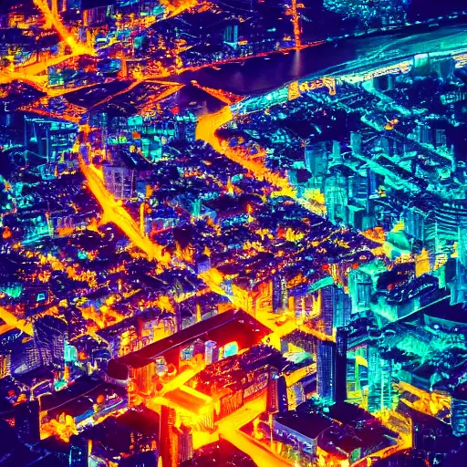 Image similar to an aerial view of a city at night, instagram contest winner, maximalism, glowing lights, vivid colors, circuitry