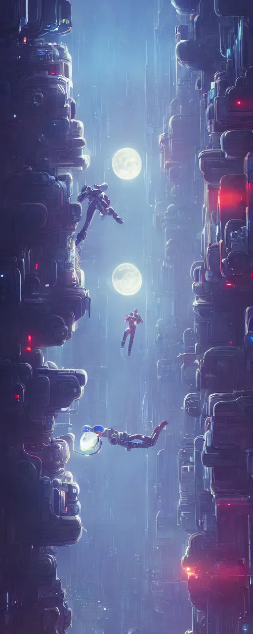 Image similar to A picture of an astronaut floating upside down in a cyberpunk surreal city with a full moon by Jordan Grimmer, Jean Giraud and Neil Blevins trending on artstation