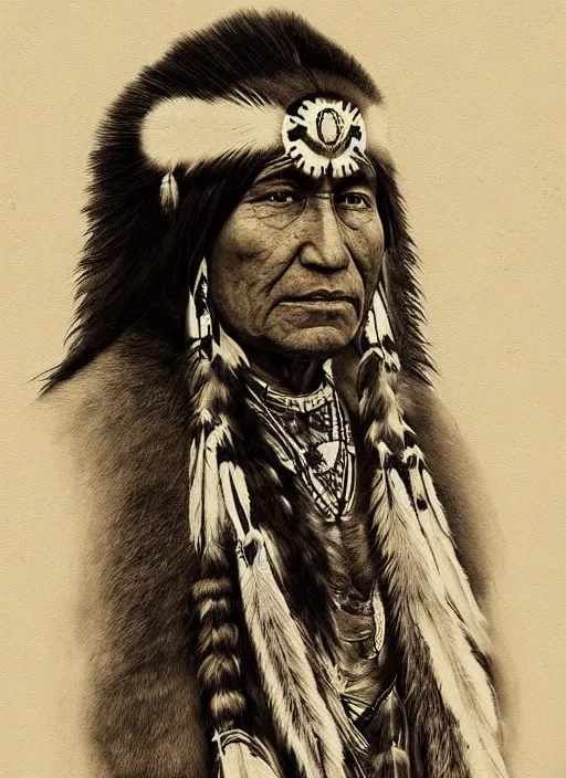 Prompt: native american grand chief, highly detailed, portrait, digital painting, trending on artstation, concept art, sharp focus, illustration, by edward s. curtis, by toppi
