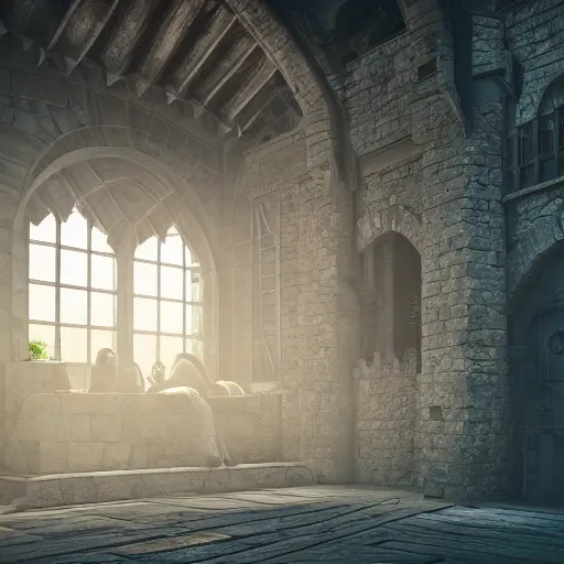 Image similar to ultra mega super hyper realistic Digital concept interior design of futuristic castle in mixed with medieval style. More cyberpunk less medieval. Natural white sunlight from the transperient roof. Rendered in VRAY and DaVinci Resolve and MAXWELL and LUMION 3D, Volumetric natural light