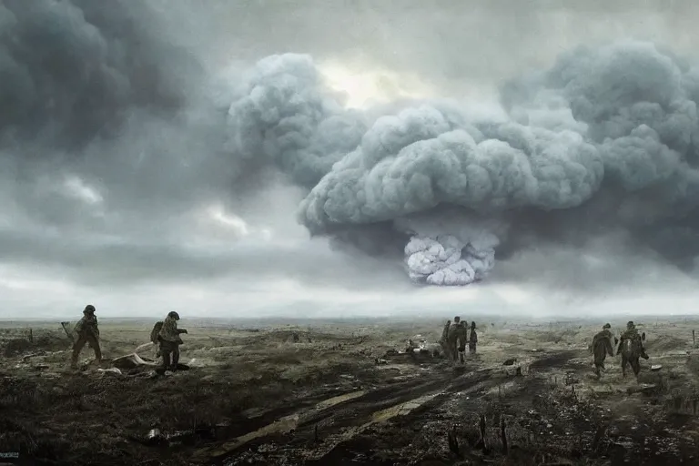 Prompt: desolate battleground, soldiers laying on the ground, thick dark smoke, vehicles on fire, heavy rain from thick clouds, mushroom cloud in the background, bleak, melancholy atmosphere, 4k artwork by Gregory Crewdson and Grzegorz Domaradzki and Ivan Shishkin and Jakub Rozalski