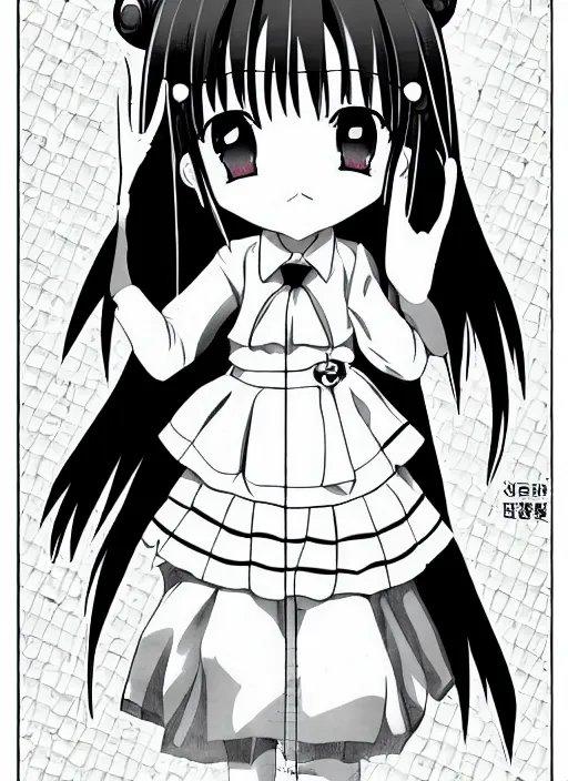 Image similar to manga style, black and white manga, multi - panel kawaii chibi manga, school girl kuudere, by gen urobuchi and yuyuko takemiya, japanese language, aharen - san