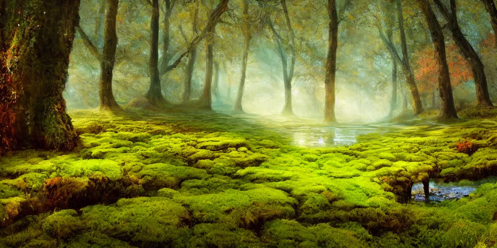 Image similar to gorgeous fields of moss landscape with glistening water, magical forest, brightly colored, magical, fantasy, landscape, beautiful, intricate details, highly detailed, sharp focus, concept art, digital painting, trending on artstation, still, screenshot, photo, photograph, in the style of Adrian Dudak