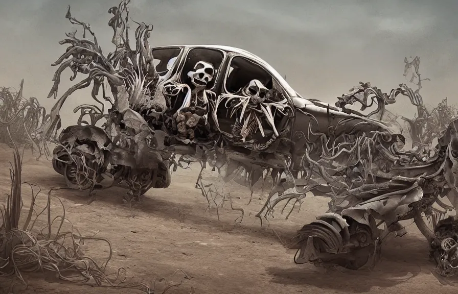 Image similar to a scary flowery skeleton car in a desert, artstation, digital art,