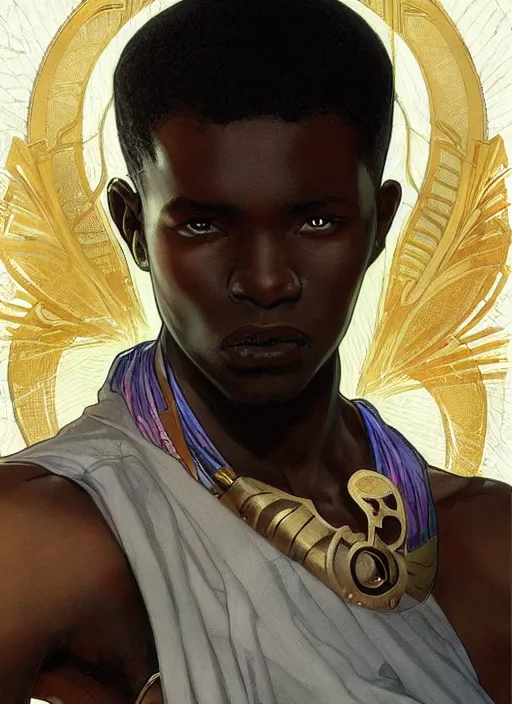 Prompt: young african man. is dressed as a superhero. clean elegant painting, beautiful detailed face. by artgerm and greg rutkowski and alphonse mucha