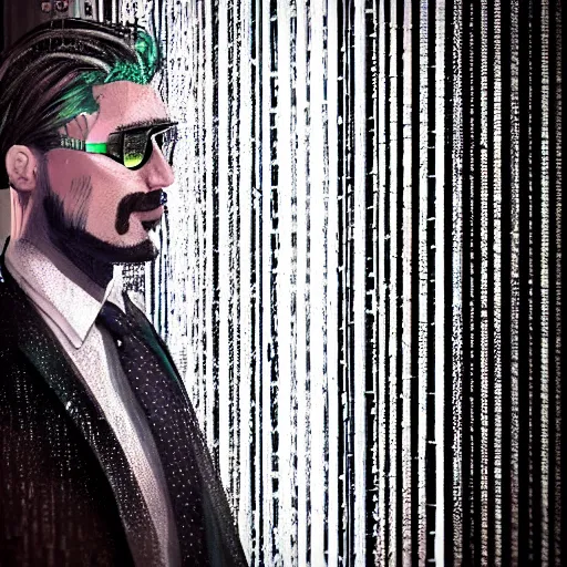 Image similar to stylish man cartoon portrait made out of rain, pinstripe suit, cyberpunk background, rendered in octane, unreal engine, highly detailed, trending on artstation, realistic, neon, beautiful, volumetric lighting, depth of field