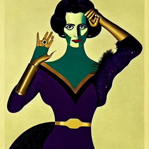 Image similar to Eva Green, Art by Coles Phillips, Gilded outfit, Jet black hair, Green eyes, Portrait of the actress, Eva Green as Space Commander Alpha from the Year 4000, geometric art, poster, no text, Mucha, Kandinsky, carbon blac and antique gold