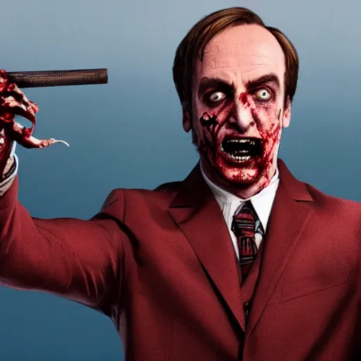 Image similar to film still of zombie zombie saul goodman as a zombie in better call saul, 4 k