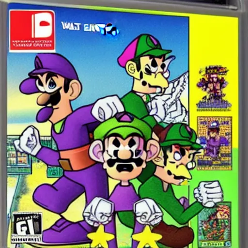 Prompt: NES game box for Waluigi Quest