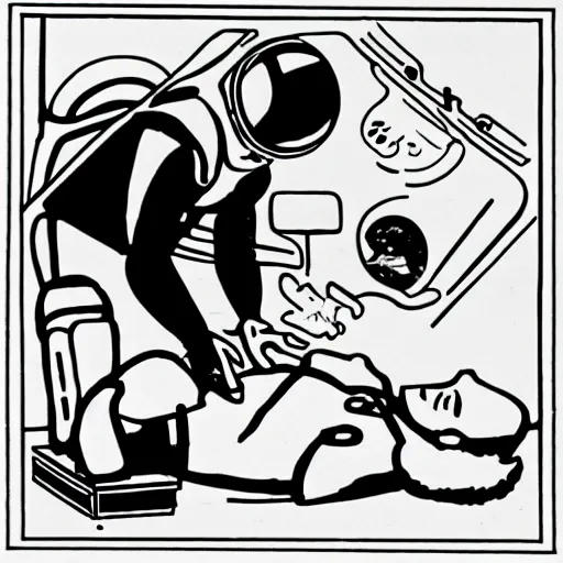 Image similar to astronaut performing CPR, on an injured astronaut, in orbit, 1950s cartoon style