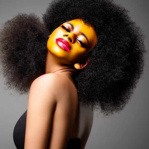 Image similar to a realistic model photoshoot of a black girl with yellow afro hair, beautiful, model, professional picture, realistic, 4 k, bright light, portrait