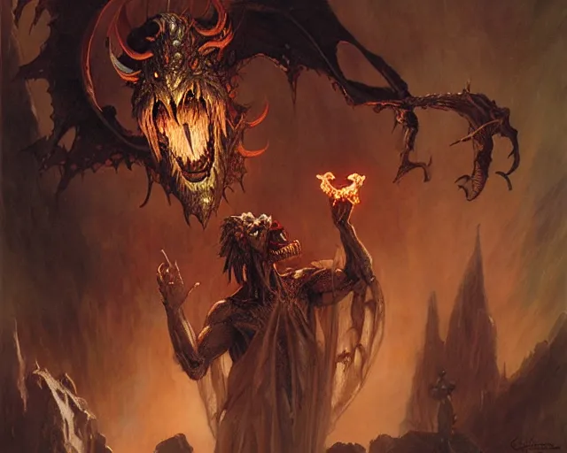 Image similar to attractive male vampire looks like stephen king casting demonic magic, creating a gargoyle monster highly detailed painting by gaston bussiere, craig mullins, j. c. leyendecker 8 k