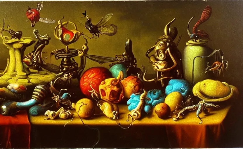 Image similar to disturbing colorful oil painting dutch golden age vanitas still life with bizarre objects strange gooey surfaces shiny metal bizarre insects rachel ruysch dali todd schorr very detailed perfect composition rule of thirds masterpiece canon 5 0 mm, cinematic lighting, photography, retro, film, kodachrome