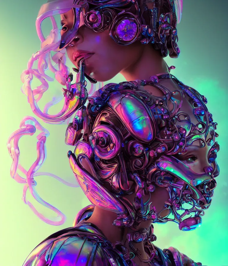 Image similar to iridescent portrait of a beautiful princess in robe. hard surface modelling. cyberpunk look. biomechanical mask. bio luminescent biomechanical halo around head. neon jellyfish. artwork by jarold Sng by artgerm, by Eddie Mendoza, by Peter mohrbacher by tooth wu, unreal engine, octane render, cinematic light, high details, iridescent colors, dichroic, macro, 4l