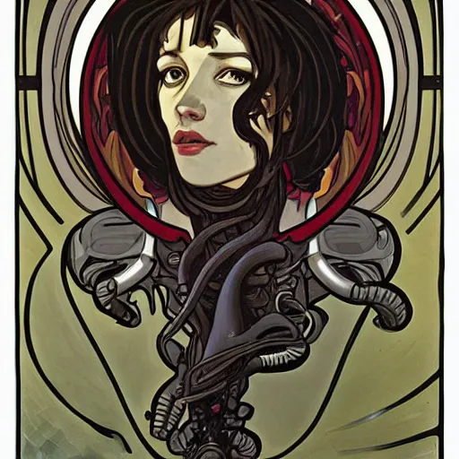 Image similar to xenomorph portrait in the style of alphonse mucha, inticrate,
