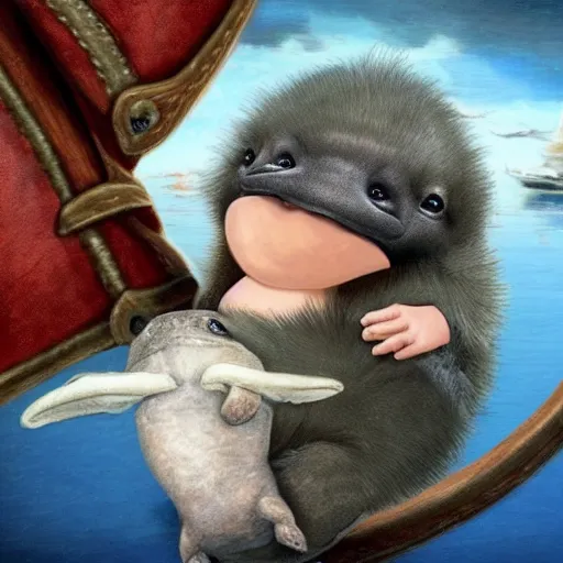 Image similar to incredibly fantastically stupendously exagerratedly fluffy incredibly tiny winged pygmy baby manatee platypus hybrid being cradled by a pirate captain the deck of his ship, realistic, fantasy, pet, adorable, national geographic