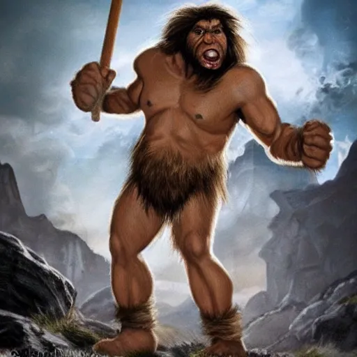 Image similar to prehistoric neanderthal superhero with a club made out of mammoth bone, epic, epical, absolutely epic, simply too epic