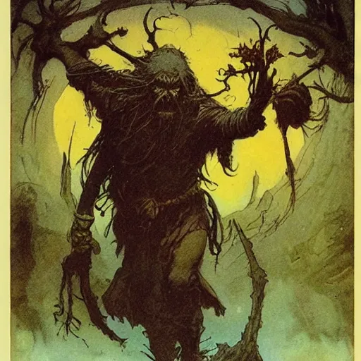 Image similar to A druid at the beginning of the world by Alan Lee, Mike Mignola and Frank Frazetta