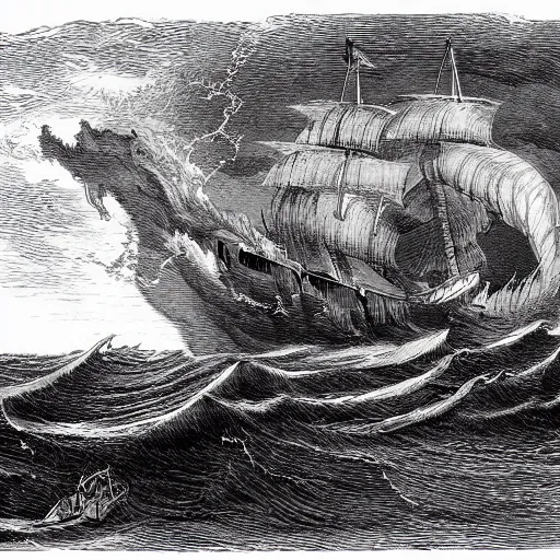 Image similar to large ship being tossed about in a fierce storm in the sea, dark, low light, terrifying, beautiful, john tenniel illustration