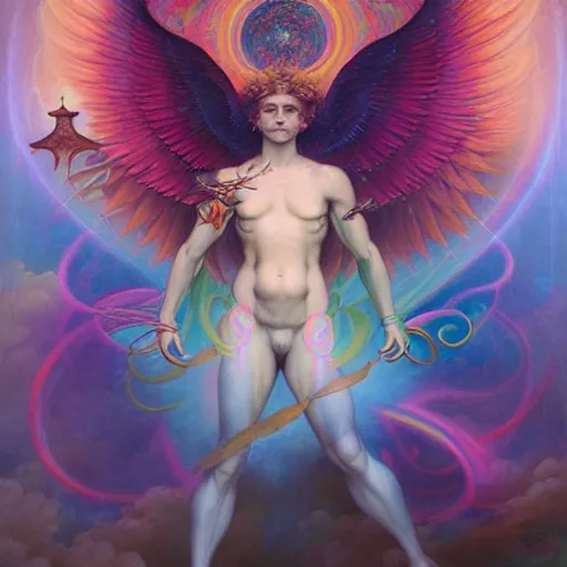 Image similar to psychedelic angelic celestial being artwork of peter mohrbacher, by henry fuseli, ayahuasca, frank xavier leyendecker, energy body, sacred geometry, esoteric art, rainbow colors, divinity detailed, realism, saturated colors,