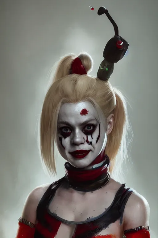 Image similar to a high detail portrait of a horrific Harley Quinn by Greg Rutkowski, Sung Choi, Mitchell Mohrhauser, Maciej Kuciara, Johnson Ting, Maxim Verehin, Peter Konig, final fantasy , mythical, 8k photorealistic, cinematic lighting, HD, high details, atmospheric,