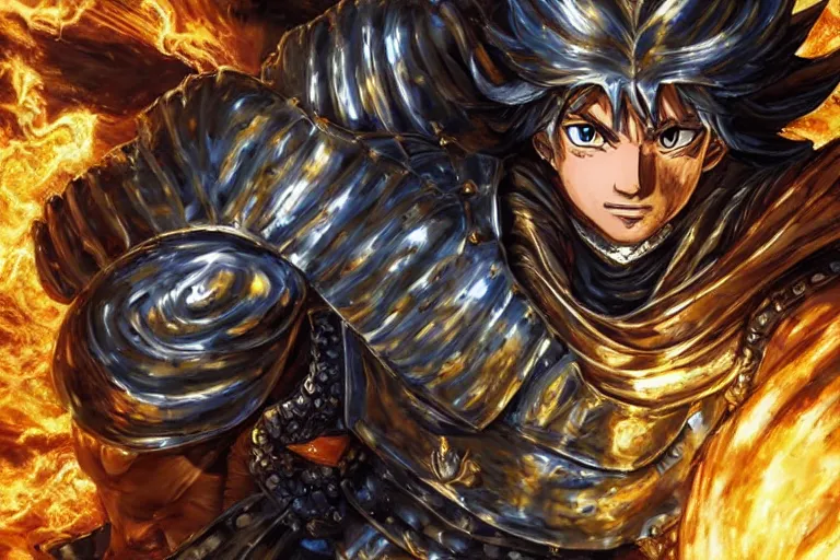 Image similar to an ultra detailed portrait of king richard the lionhearted as a shonen anime protagonist charging into battle wearing bright gold armor and riding a horse bless by god, 8 k, volumetric lighting, smooth, highly detailed, digital illustration, art by kentaro miura and akira toriyama and artgerm