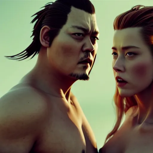 Image similar to Amber Heard and Johnny Depp are sumo fighting, artstation, matte painting, highly detailed, intricate, concept art, dramatic cinematic lighting, octane render, 8k, unreal engine