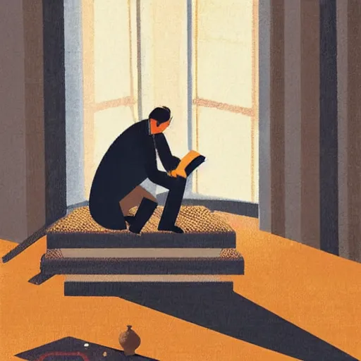 Prompt: a man sitting on top of a rug, a storybook illustration by marius borgeaud, behance contest winner, magical realism, isometric, storybook illustration, photoillustration
