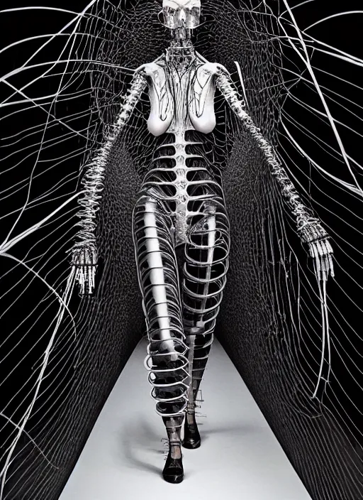 Image similar to walking down the catwalk, steven klein, mert alas and marcus piggott, show, stage, vogue photo, podium, fashion show photo, iris van herpen, beautiful woman, full body shot, masterpiece, inflateble shapes, giger, plant predator, guyver, jellyfish, wires, veins, biomechanical details, bionic cyborg implants, colourfull