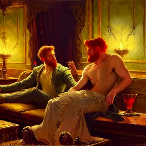 Image similar to attractive male mike with ginger hair and attractive male tyler with brunet hair, drinking their hearts out, in their noble mansion, at night. highly detailed painting by gaston bussiere, craig mullins, donato giancola, j. c. leyendecker 8 k