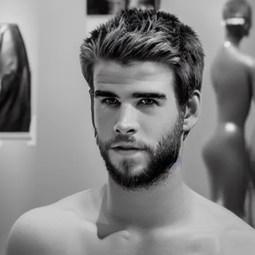 Image similar to “ a realistic detailed photo of a guy who is an attractive humanoid who is half robot and half humanoid, who is a male android, actor liam hemsworth, shiny skin, posing like a statue, blank stare, at the museum, on display ”