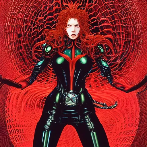 Prompt: portrait of crazy black widow, spikes around, symmetrical, by yoichi hatakenaka, masamune shirow, josan gonzales and dan mumford, ayami kojima, takato yamamoto, barclay shaw, karol bak, yukito kishiro