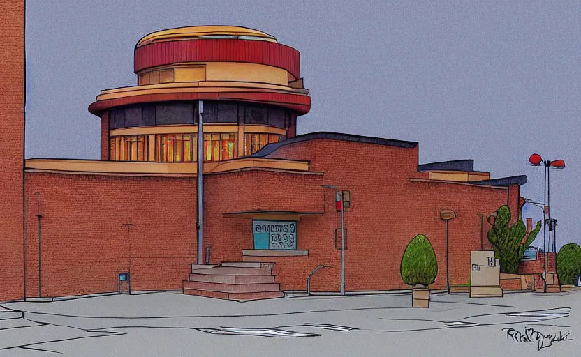 Image similar to police station.By rFrank Lloyd Wright, illustration, digital painting, highly detailded