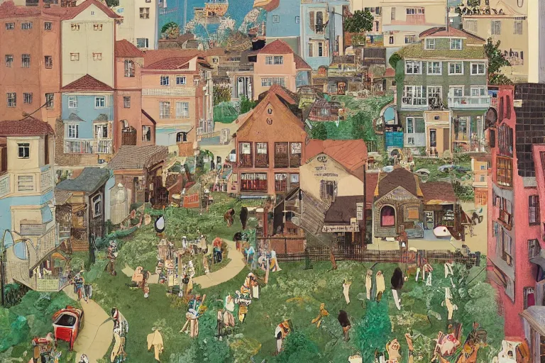 Image similar to an elaborate and dense painting of a beautiful peaceful neighborhood scene, detailed, made of alcohol ink on parchment and penned illustrations, by wes anderson!!!!!! and geoff darrow