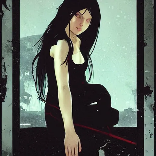 Image similar to a lonely young girl with straight long black hair wearing black dress that sitting on bathroom floor, art by artgem, greg rutkowski and alphonse mucha for capcom co, resident evil