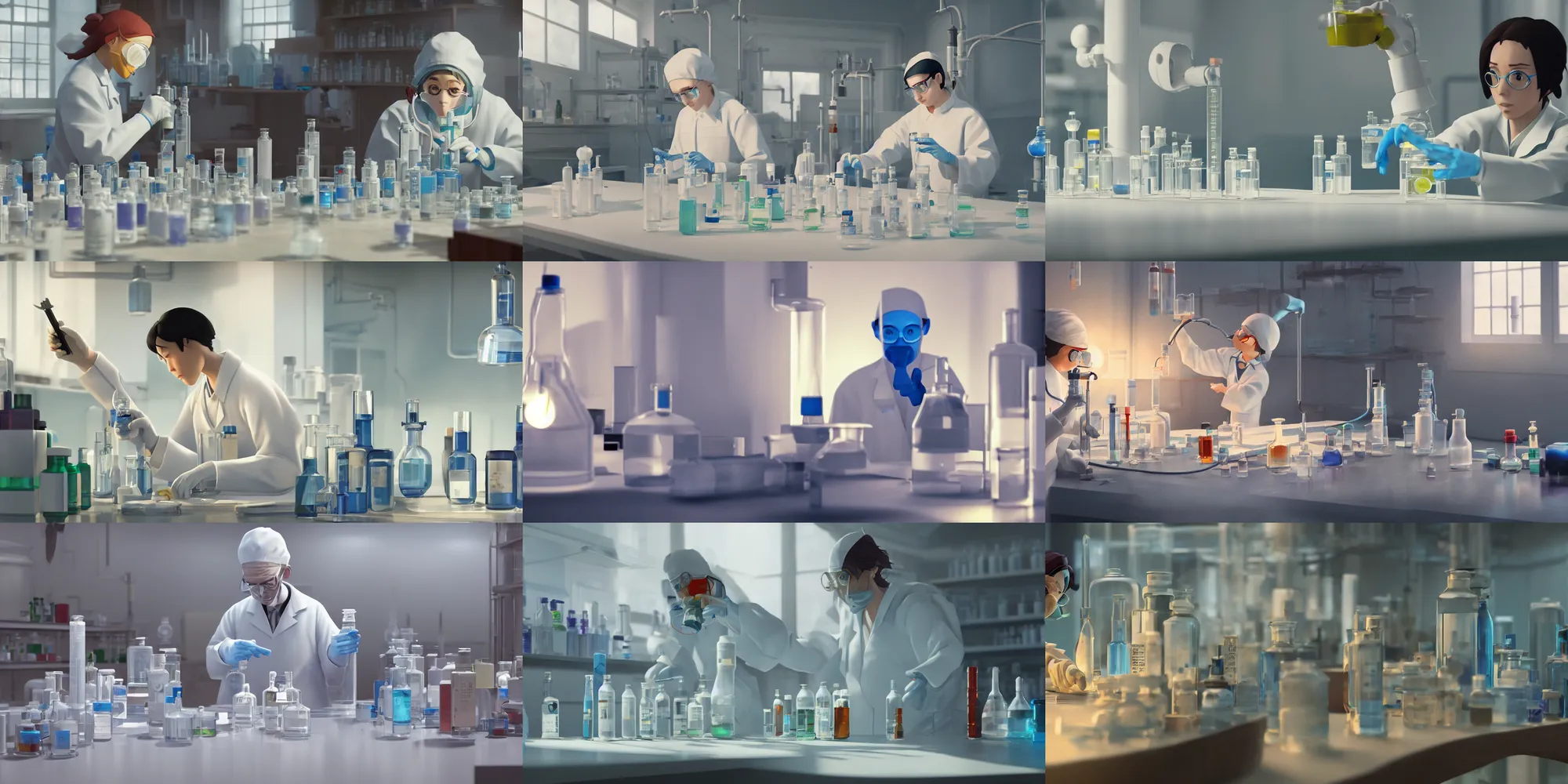 Prompt: chemist in a clean laboratory mixing vials of chemicals together to find the cure for cancer, medicine, close up shot, studio Ghibli, Pixar and Disney animation, sharp, Rendered Unreal Engine 5, film key art, Greg Rutkowski, Bloom, dramatic lighting