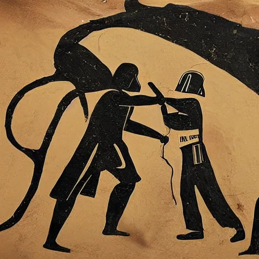 Prompt: Cave painting of Darth Vader fighting