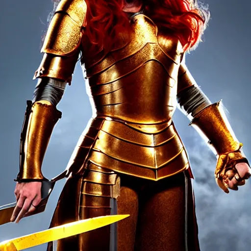 Image similar to a tall, red - haired female knight wearing golden armor and a right golden prosthetic arm, longer than her left arm. she wields a long golden blade