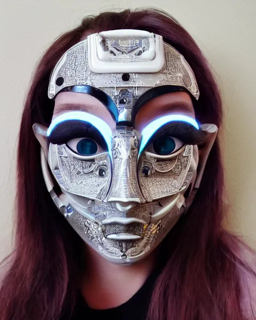 Image similar to a beautiful cyborg made of disney ceremonial maske