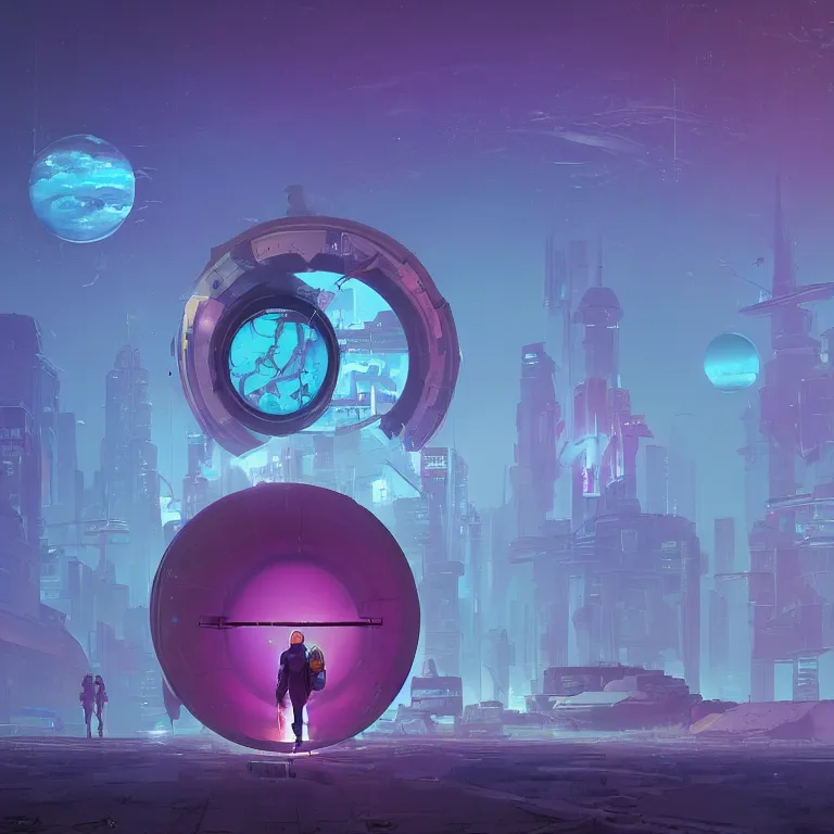 Image similar to a circle!! portal structure floating in space!!, cyberpunk, epic surrealism, indigo, purple, cyan, detailed digital matte painting in the style of simon stalenhag and painting by ralph mcquarrie