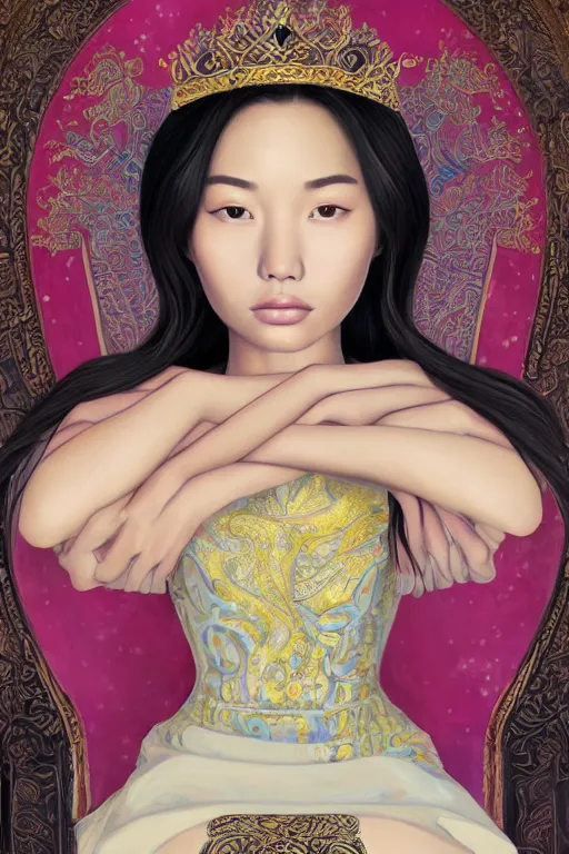 Image similar to portrait of a beautiful young asian woman with shoulder length hair and strong facial bone structure, queen and ruler of the universe, sitting on her throne, young men kneeling at her feet, digital painting, highly detailed, intricate, elegant, hyperrealism, trending on artstation, art by tara phillips