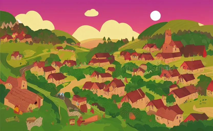 Prompt: some villagers busy farming in a small village in a valley, a dragon approaching from a distance, vector, storybook, muted colors, gouache, flat poster, sharp edges, print