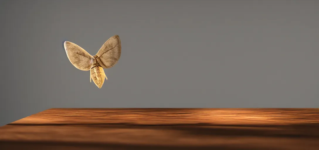 Image similar to moth on a dark wooden table, matte painting, dust, volumetric lighting, screwdrivers, golden hour, 8k, 4k, artstation, award winning shot