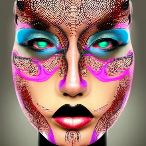 Image similar to A highly stylized digital HD painting of the face of a fembot with makeup, intricate makeup patterns on face