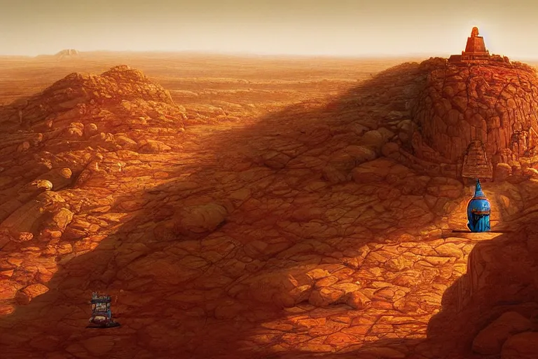 Prompt: giant Buddha carved into Martian cliffside, on Mars, wide shot, cinematic, epic, mountain range, volumetric, detailed, concept artwork by Thomas Cole and Tim Hildebrandt